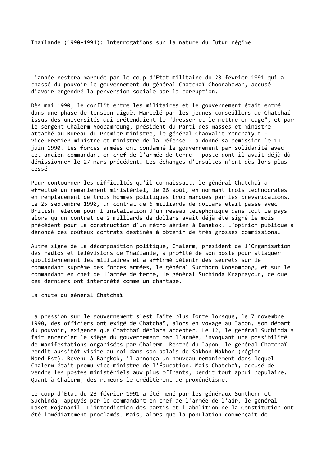 Prévisualisation du document Thaïlande (1990-1991): Interrogations sur la nature du futur régime