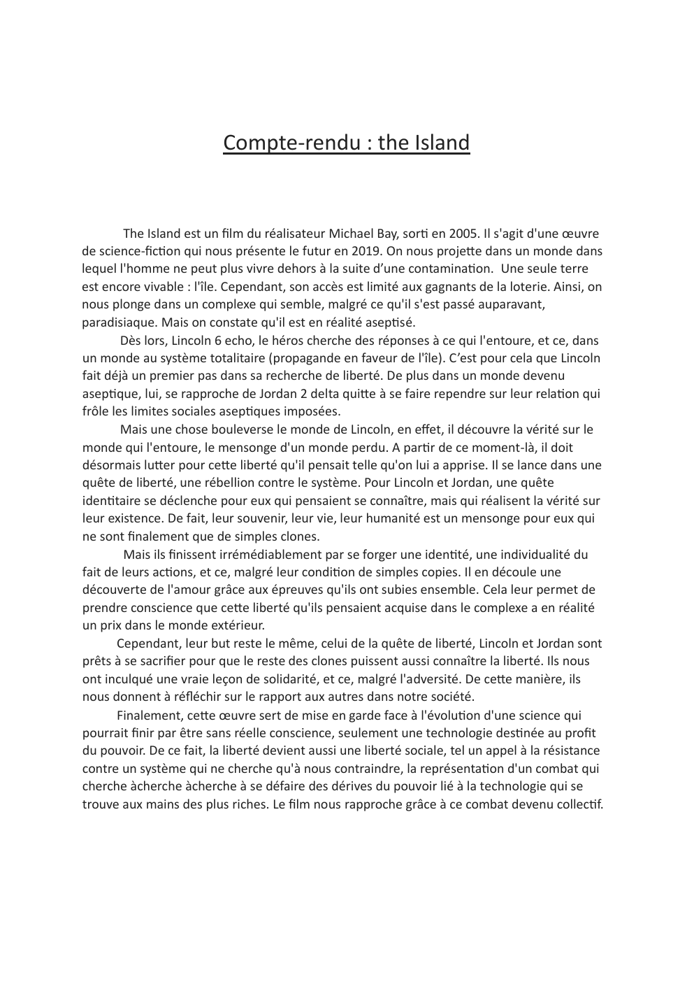 Prévisualisation du document The island compte rendu