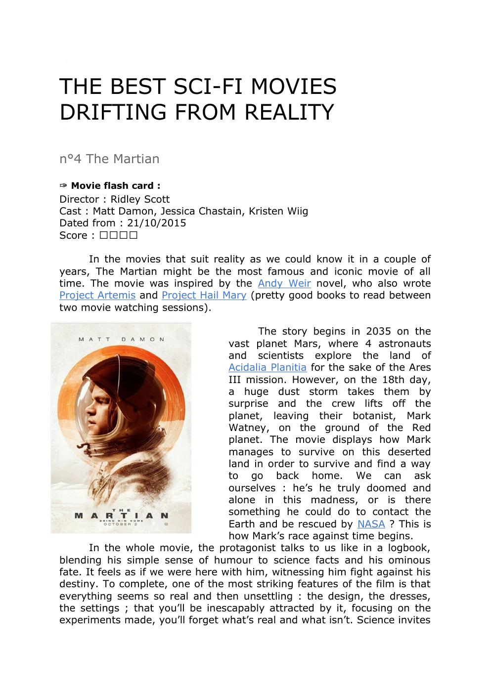 Prévisualisation du document The Martian movie presentation for english final task