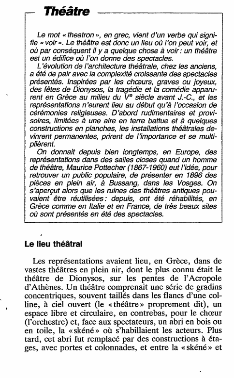 Prévisualisation du document Théâtre
Le mot cc theatron ", en grec, vient d'un verbe qui signifie cc voir"· Le théâtre est donc un...