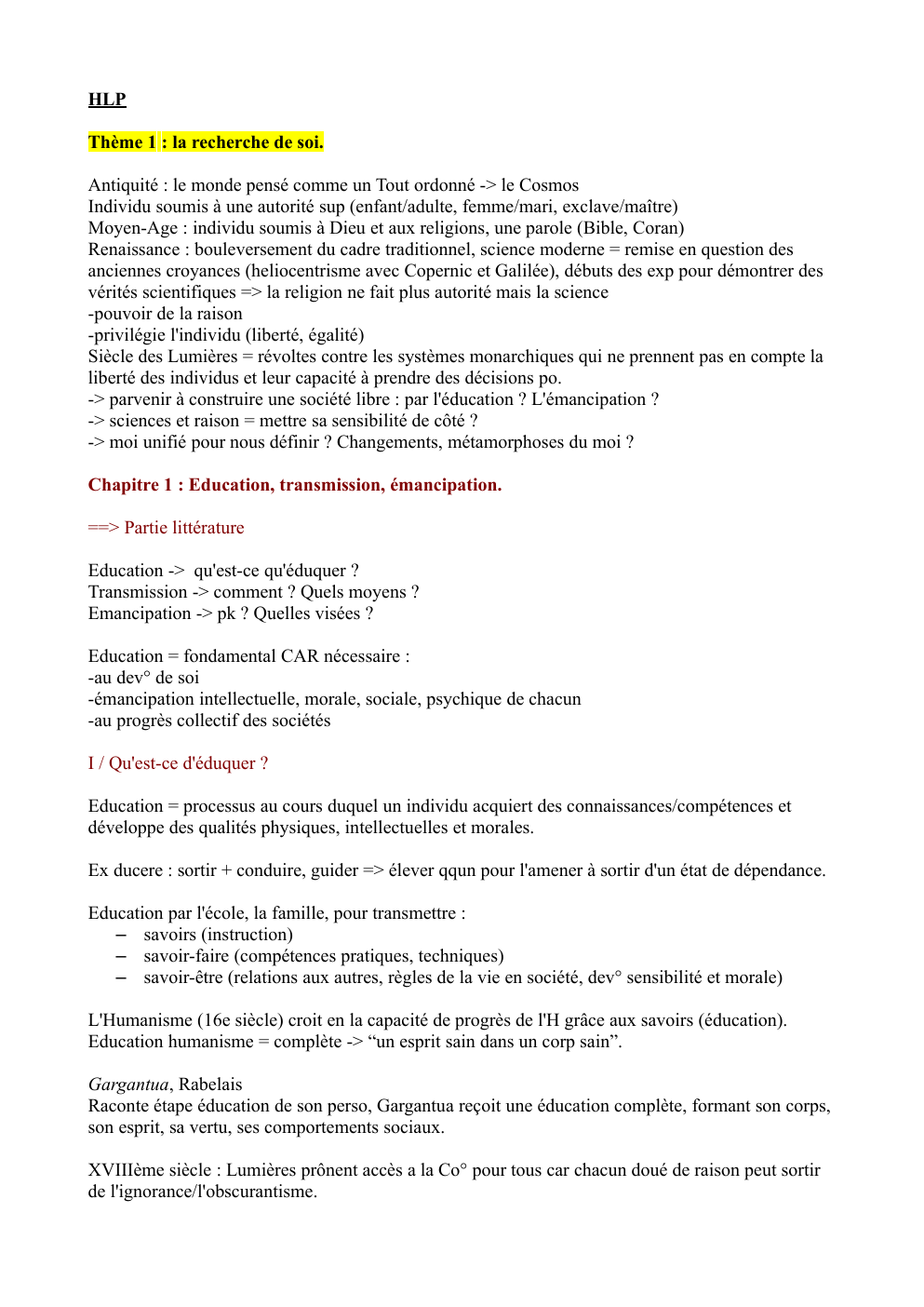 Prévisualisation du document Thème 1 (fiche HLP) HLP Thème 1 : la recherche de soi.