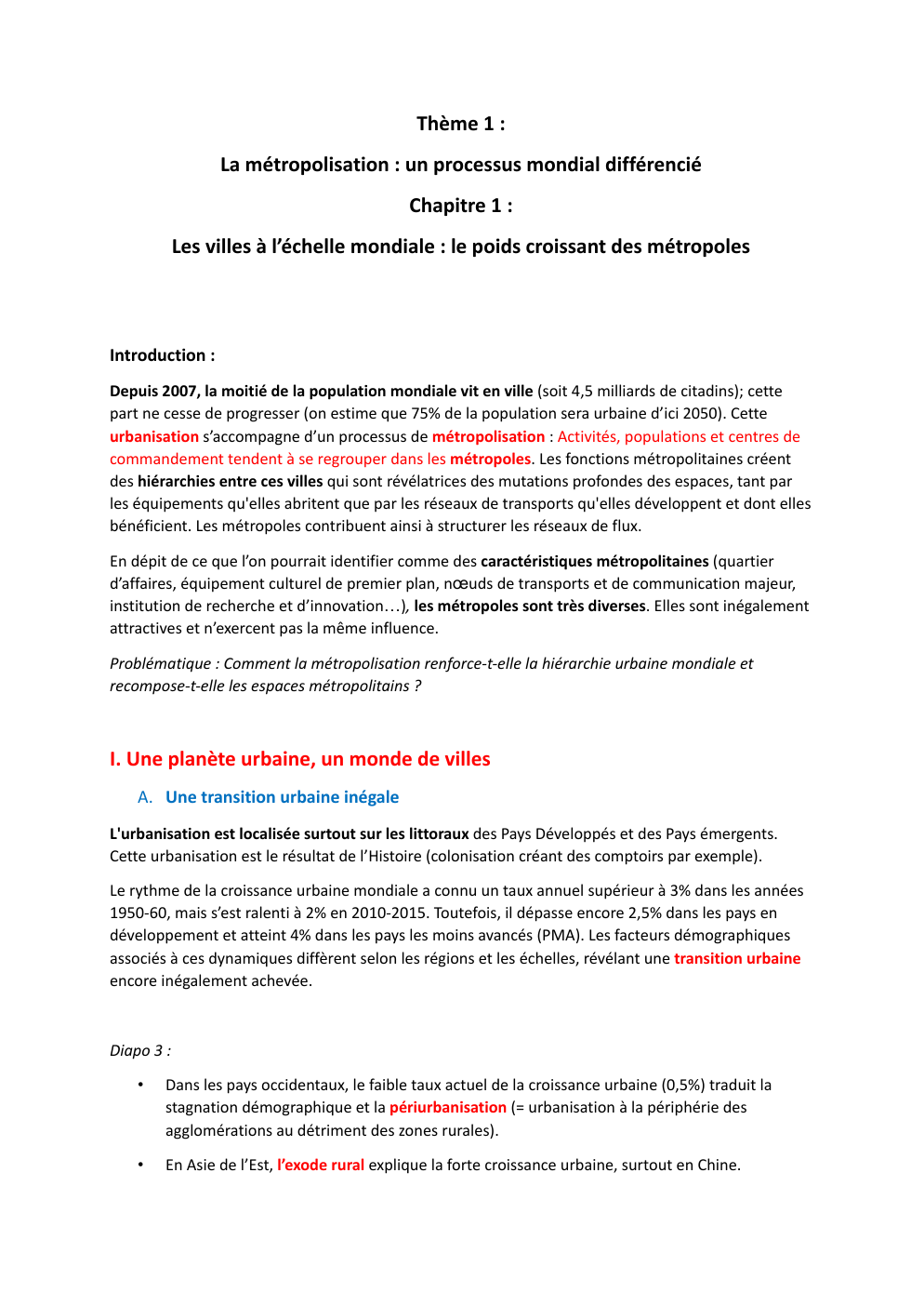 Prévisualisation du document Thème 1 : La métropolisation : un processus mondial différencié Chapitre 1 : Les villes à l’échelle mondiale : le poids croissant des métropoles
