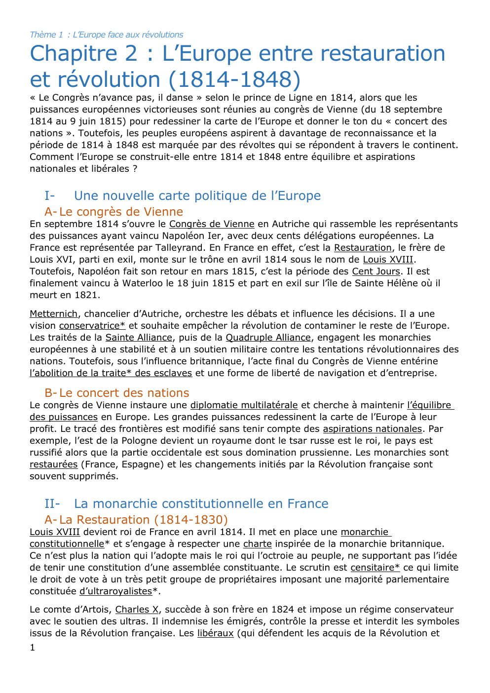Prévisualisation du document Thème 1 : L’Europe face aux révolutions  Chapitre 2 : L’Europe entre restauration et révolution (1814-1848)