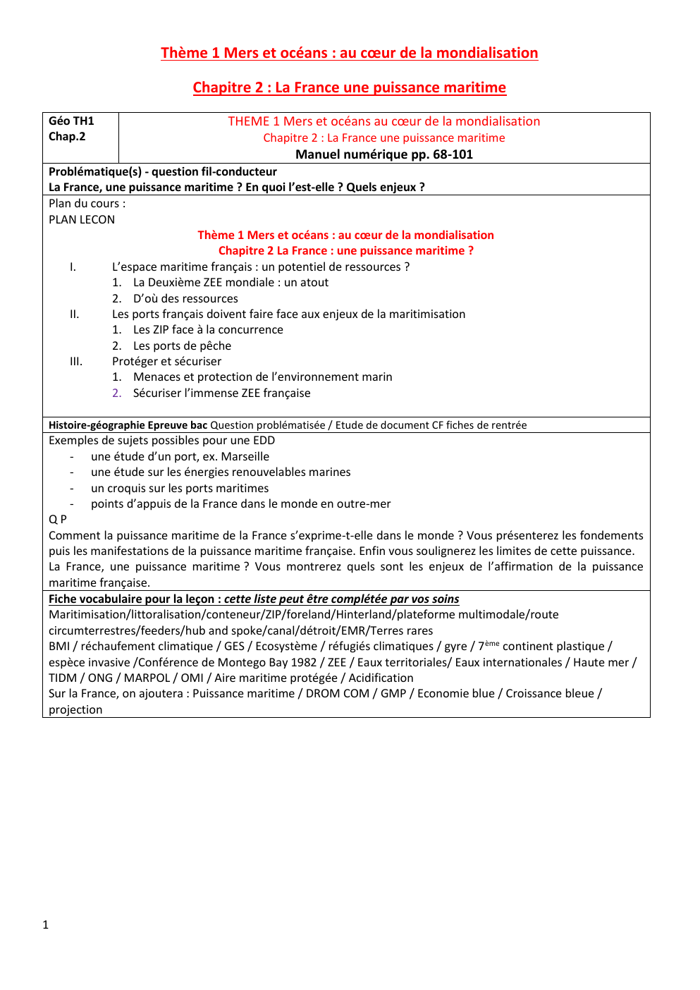 Prévisualisation du document THEME 1 Mers et océans au cœur de la mondialisation Chapitre 2 : La France une puissance maritime