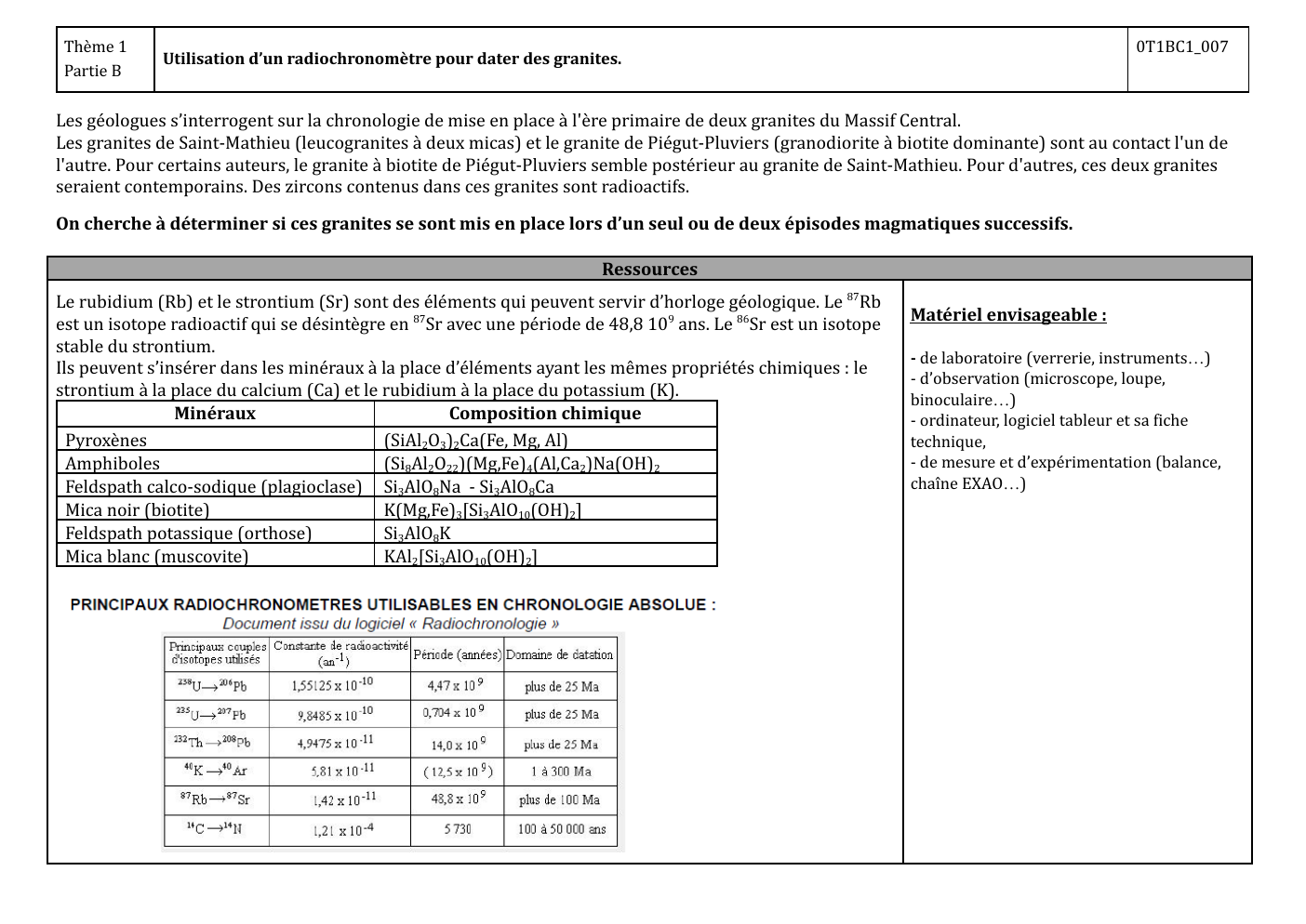 Prévisualisation du document Thème 1 Partie B  0T1BC1_007  Utilisation d’un radiochronomètre pour dater des granites.