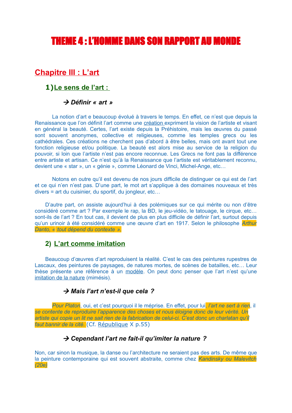 Prévisualisation du document THEME 4 : L’HOMME DANS SON RAPPORT AU MONDE Chapitre III : L’art