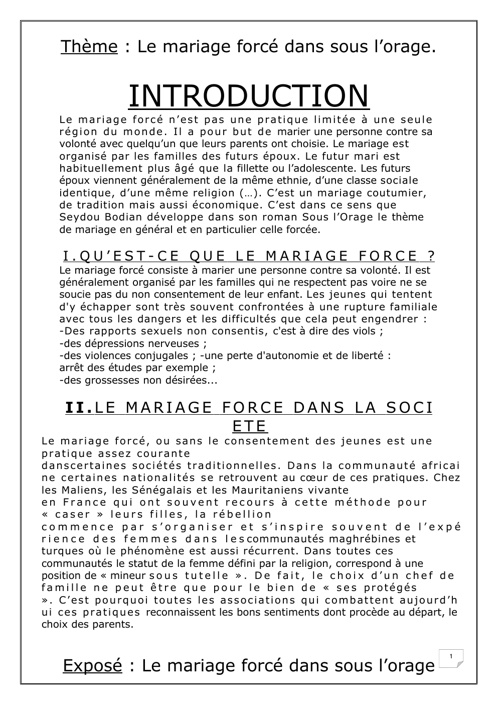 Prévisualisation du document Thème : Le mariage forcé dans sous l’orage.