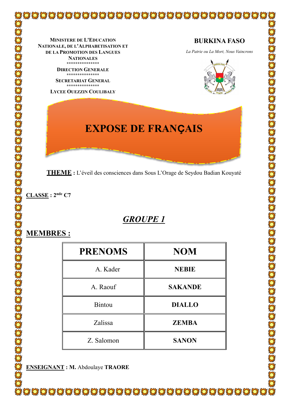 Prévisualisation du document THEME : L’éveil des consciences dans Sous L’Orage de Seydou Badian Kouyaté