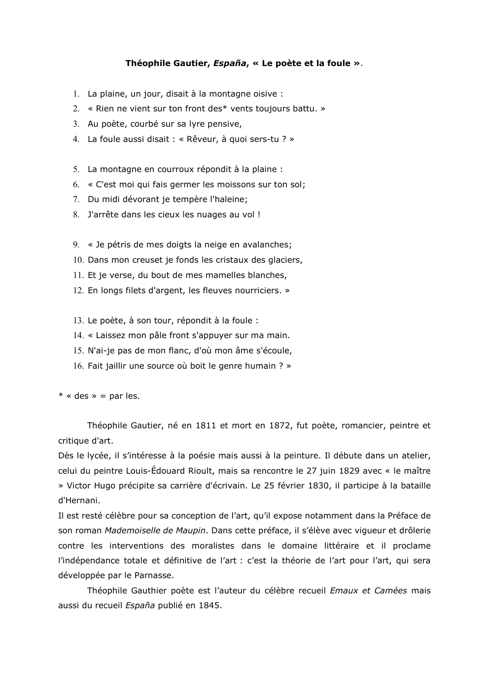 Prévisualisation du document Théophile Gautier, España, « Le poète et la foule ».

1. La plaine, un jour, disait à la montagne oisive...