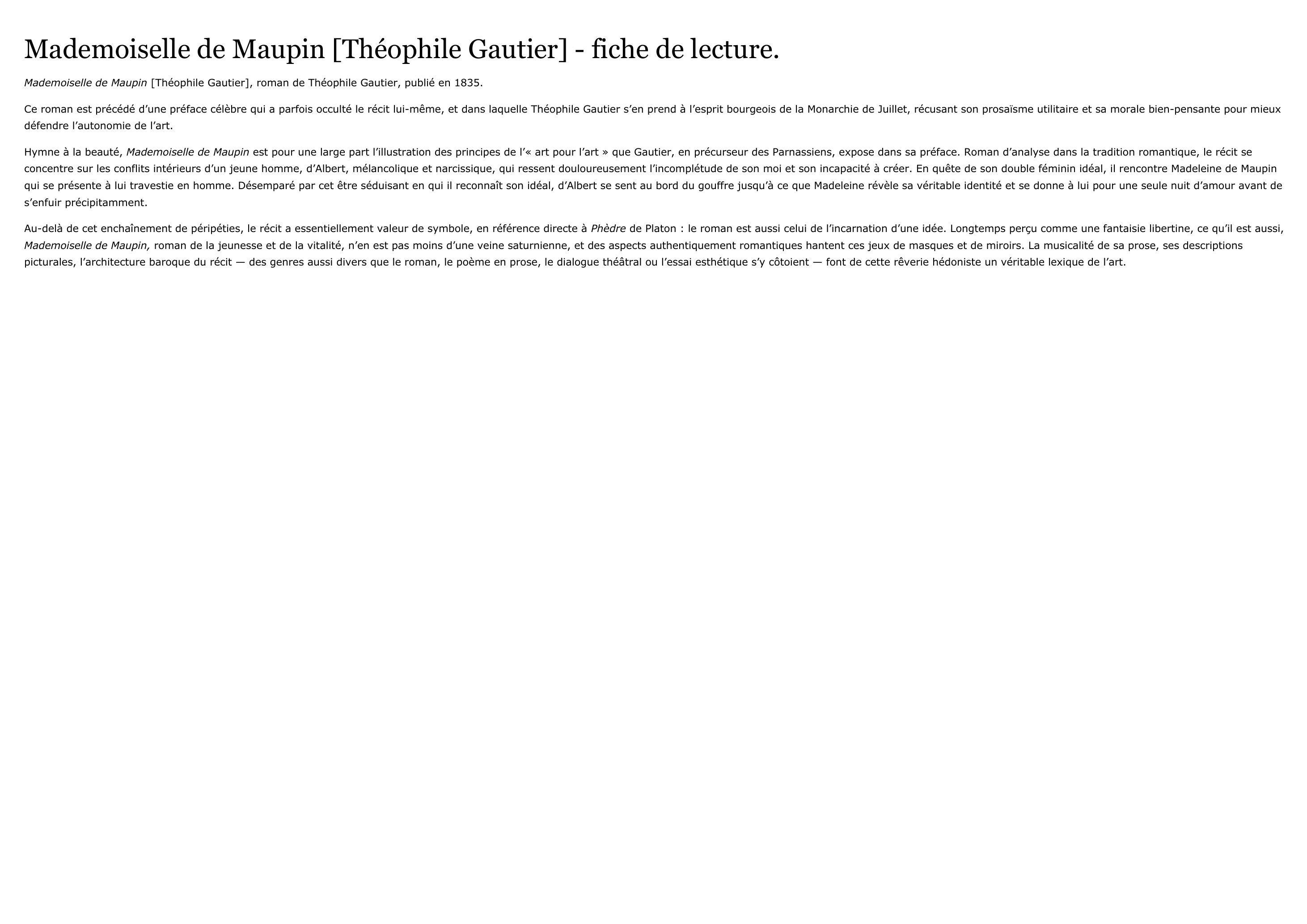 Prévisualisation du document Théophile Gautier, préface de Mademoiselle de Maupin : Fiche de lecture