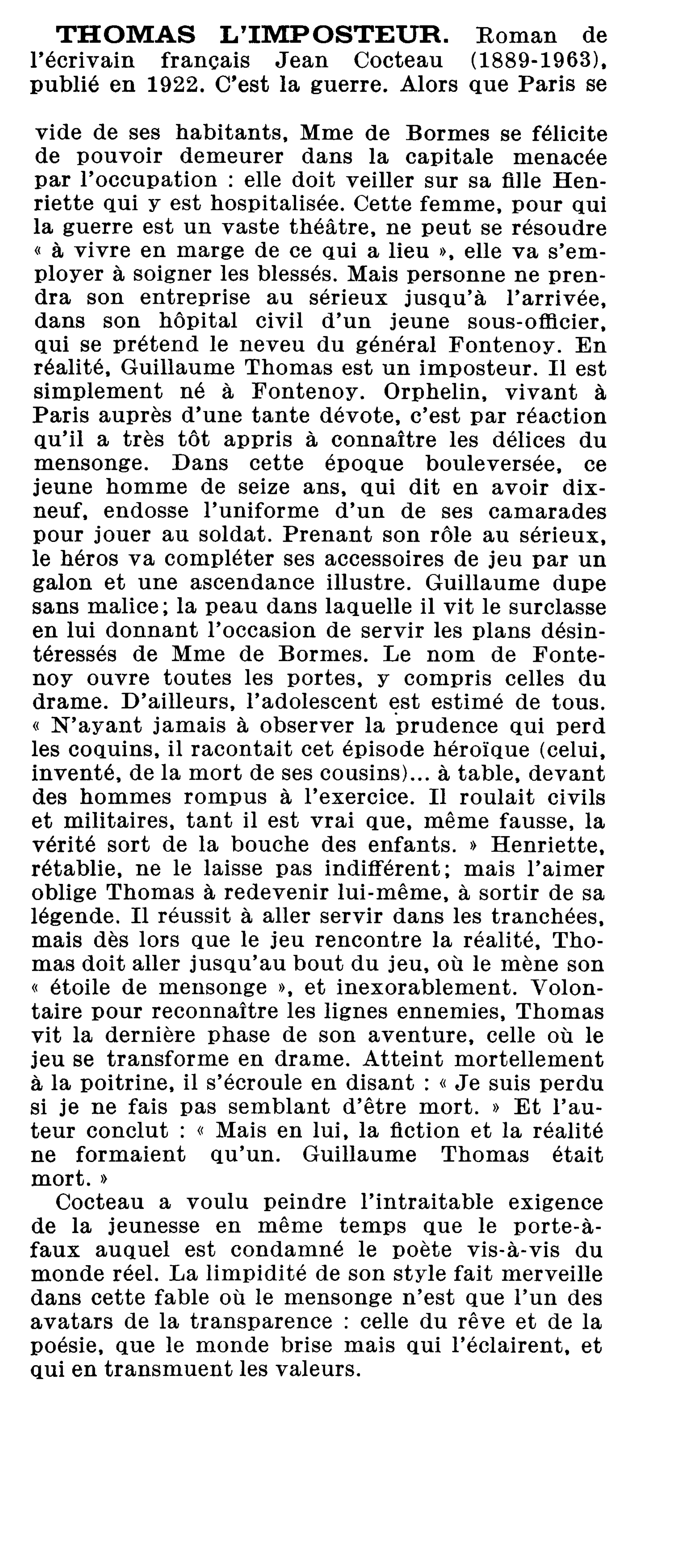 Prévisualisation du document THOMAS L’IMPOSTEUR de Jean Cocteau (résumé & analyse)