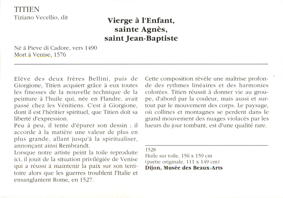 Prévisualisation du document TITIEN Tiziano Vecellio, dit  : Vierge à l'Enfant, sainte Agnès, saint Jean-Baptiste