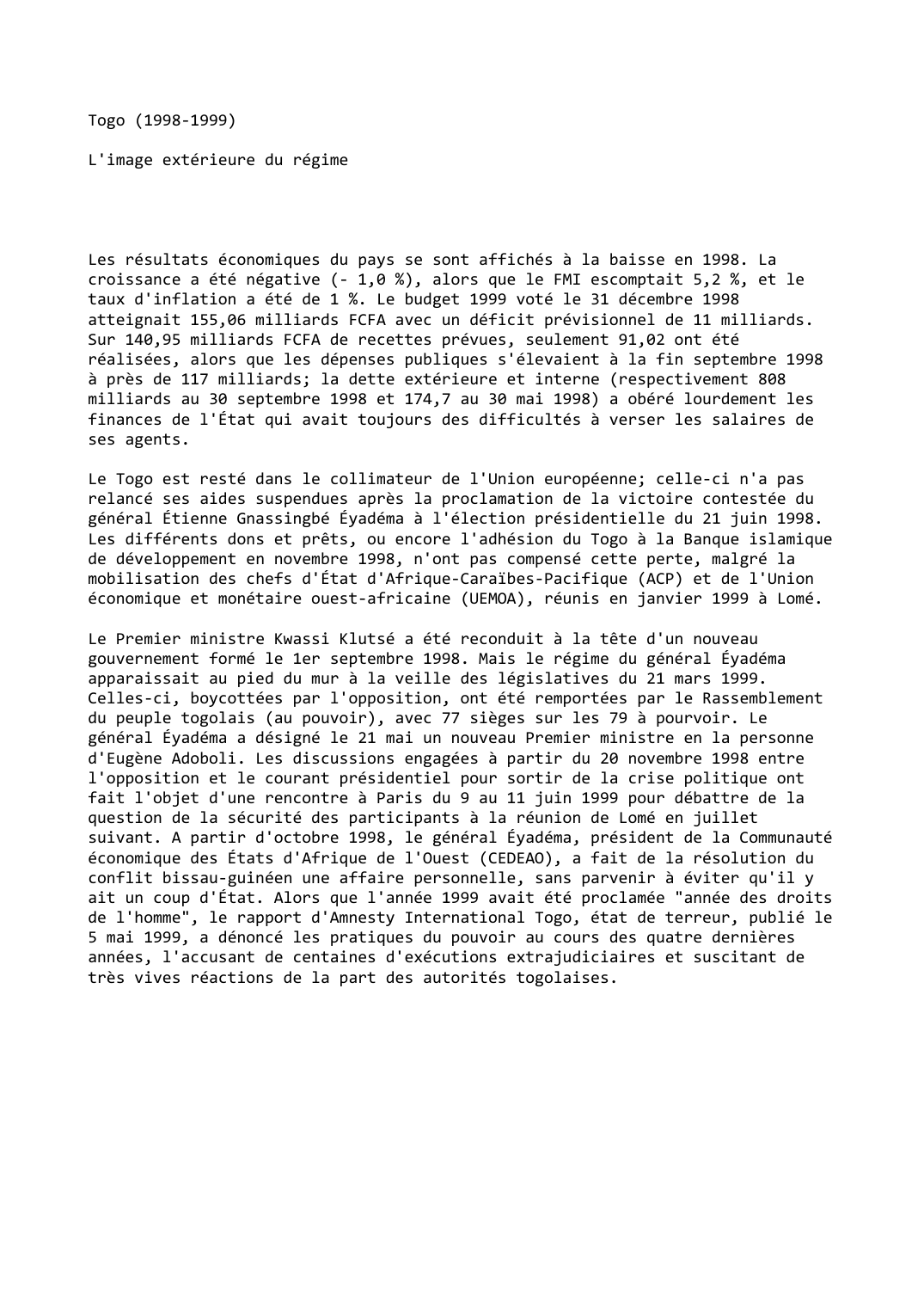 Prévisualisation du document Togo (1998-1999)

L'image extérieure du régime