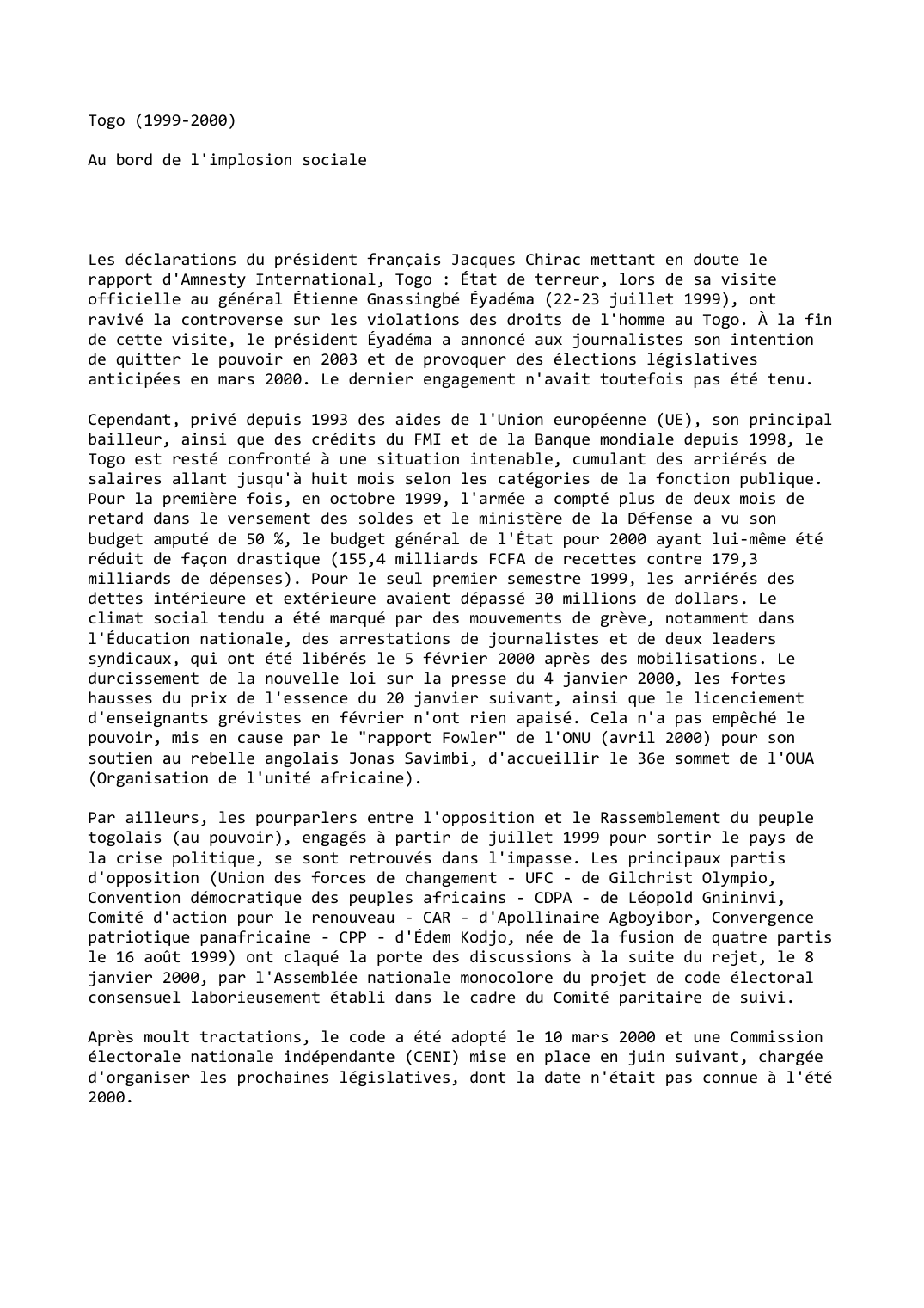 Prévisualisation du document Togo (1999-2000)

Au bord de l'implosion sociale