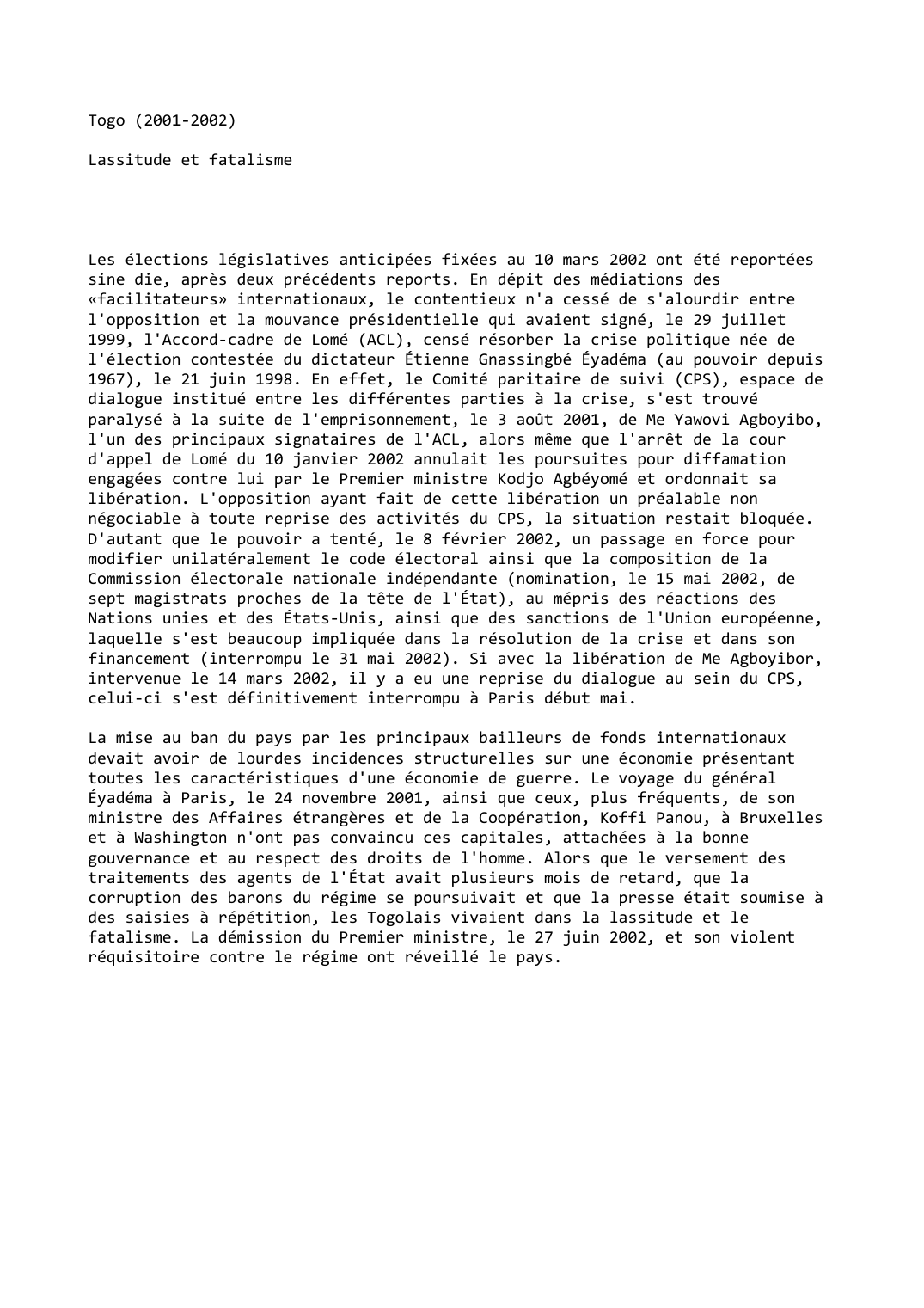 Prévisualisation du document Togo (2001-2002)

Lassitude et fatalisme