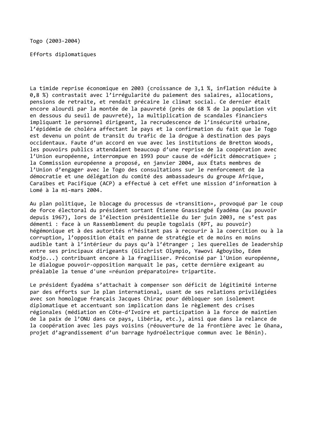 Prévisualisation du document Togo (2003-2004)

Efforts diplomatiques