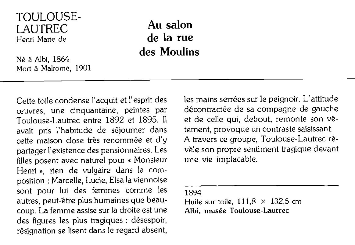 Prévisualisation du document TOULOUSE LAUTREC Henri Marie de: Au salon de la rue des Moulins