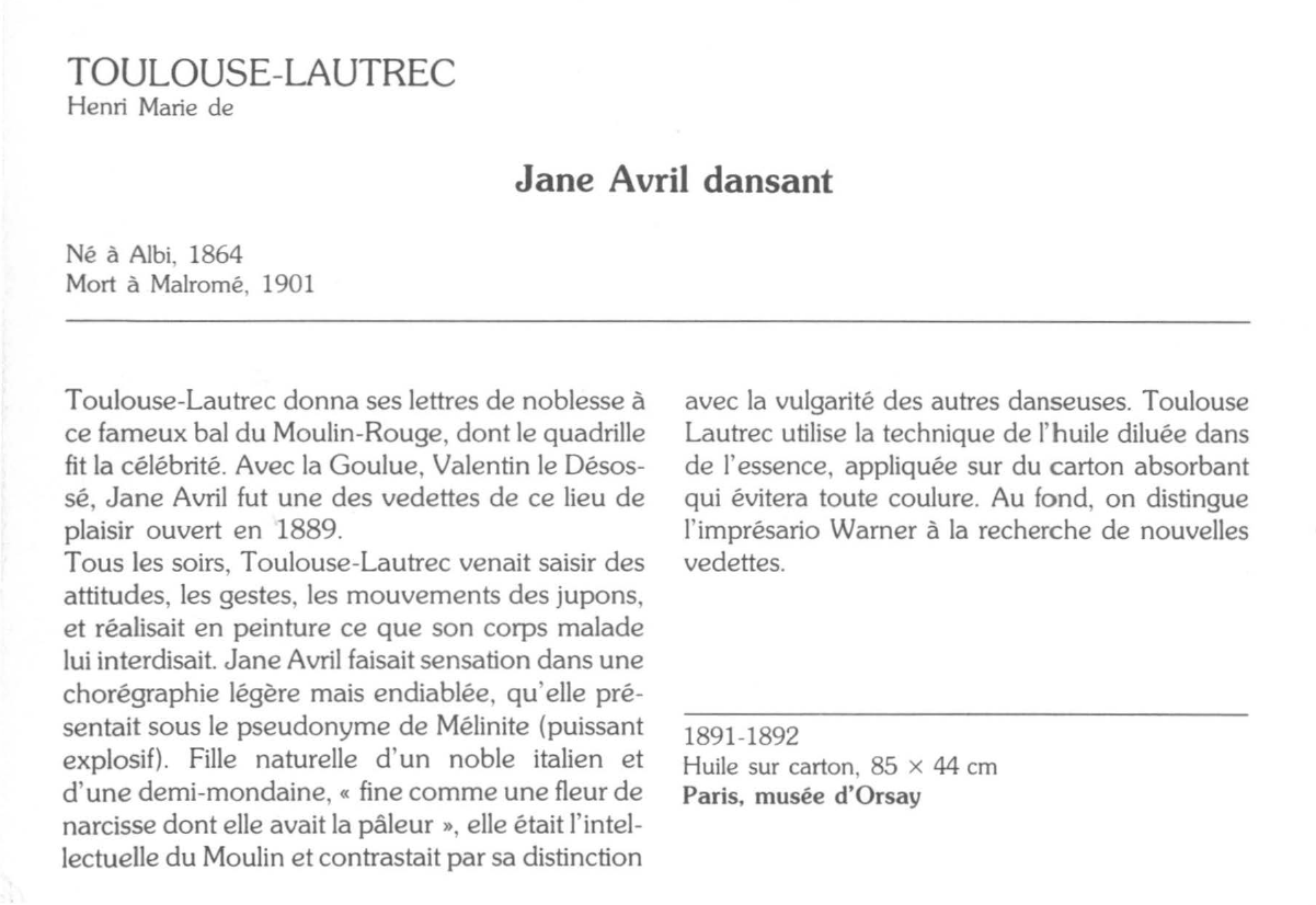 Prévisualisation du document TOULOUSE-LAUTREC Henri : Marie de Jane Avril dansant