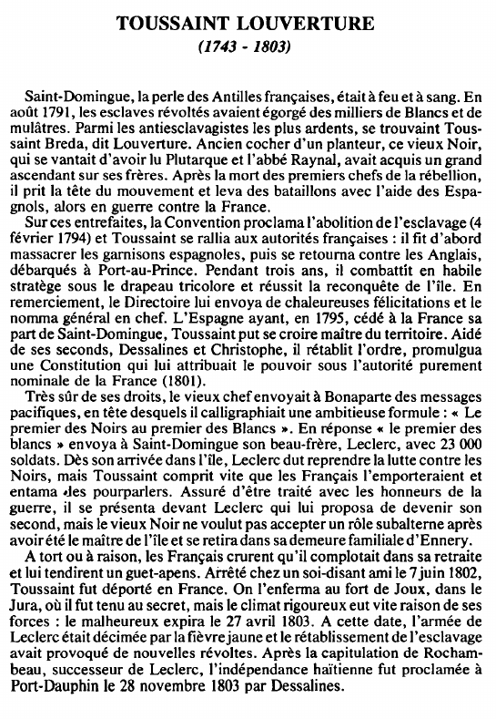 Prévisualisation du document TOUSSAINT LOUVERTURE( 1743 - 1803) - BIOGRAPHIE.