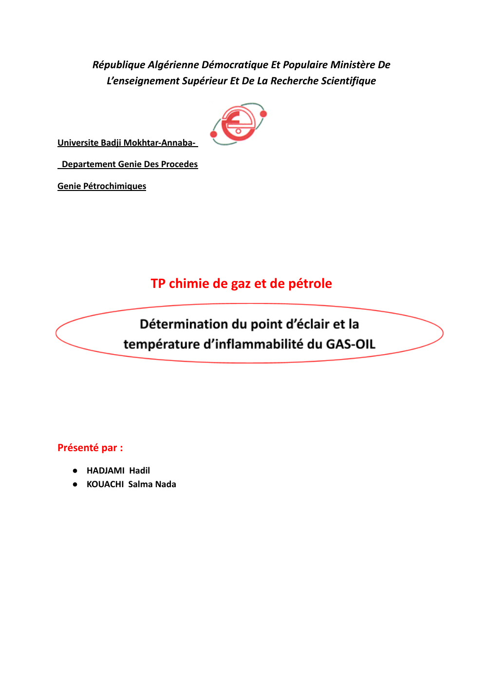 Prévisualisation du document TP chimie de gaz et de pétrole: Détermination du point éclair et la température d’inflammabilité du gas-oil.