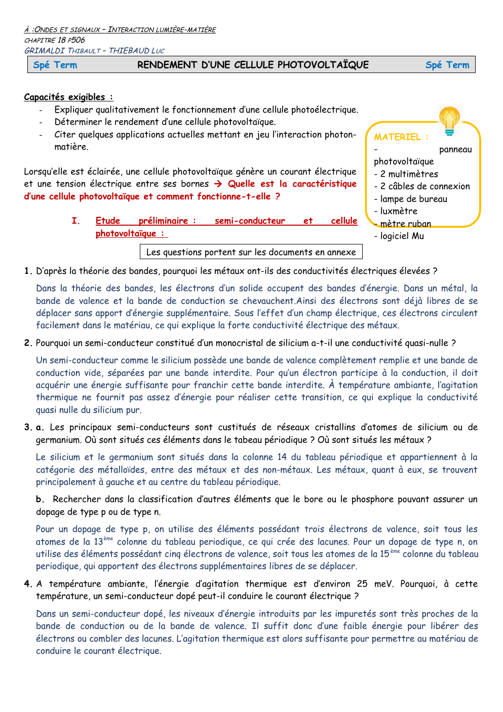Prévisualisation du document TP photovoltaique ONDES ET SIGNAUX – INTERACTION LUMIÈRE-MATIÈRE