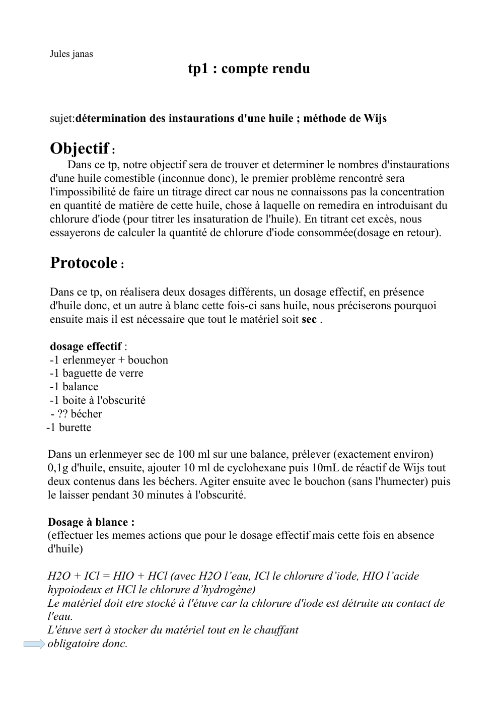 Prévisualisation du document TP supérieur:  tp1 : compte rendu  sujet: détermination des instaurations d'une huile ; méthode de Wijs