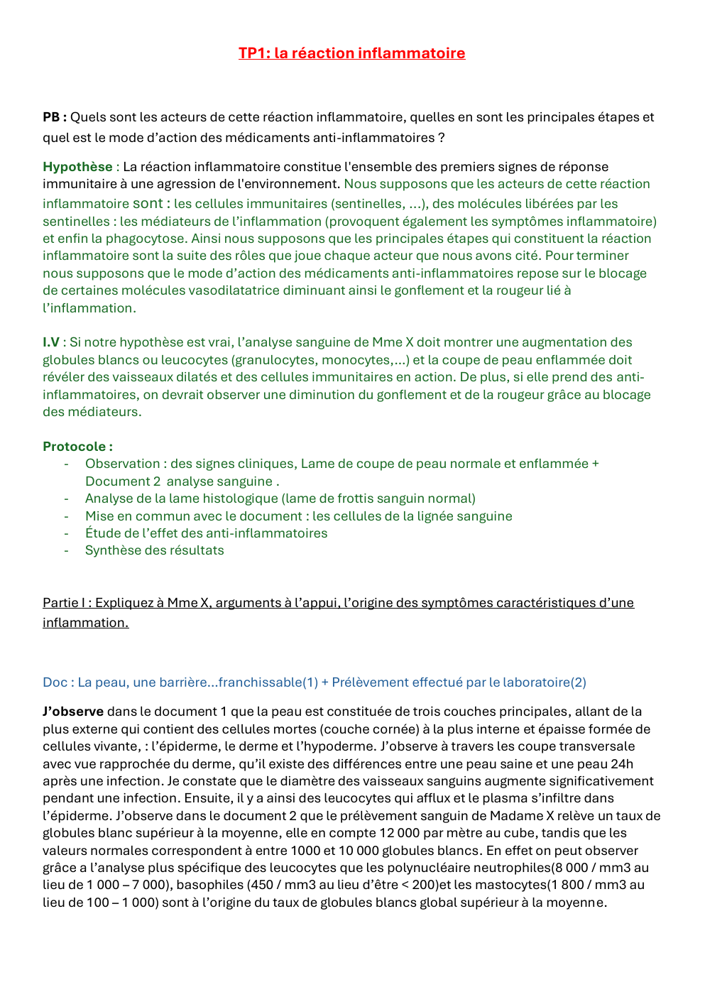 Prévisualisation du document TP svt TP1: la réaction inflammatoire