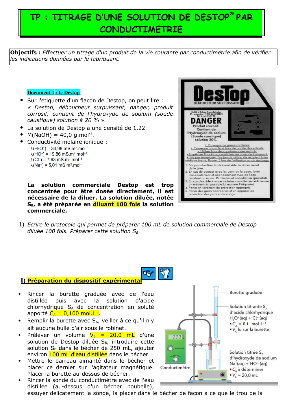 Prévisualisation du document TP : TITRAGE D’UNE SOLUTION DE DESTOP® PAR CONDUCTIMETRIE
