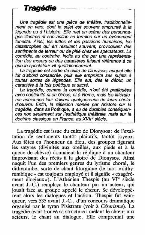 Prévisualisation du document Tragédie
Une tragédie est une pièce de théâtre, traditionnellement en vers, dont le sujet est souvent emprunté à la
légende...