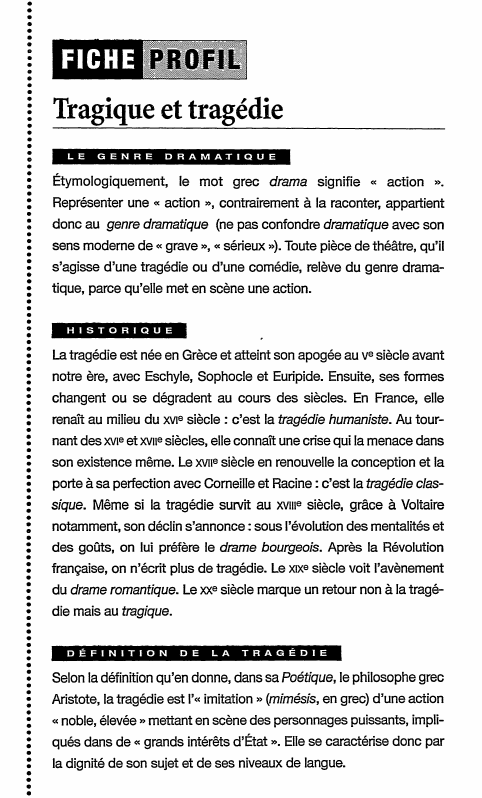 Prévisualisation du document Tragique et tragédie
LE

GENRE

DRAMATIQUE

Étymologiquement, le mot grec drama signifie « action ».
Représenter une « action

»,...