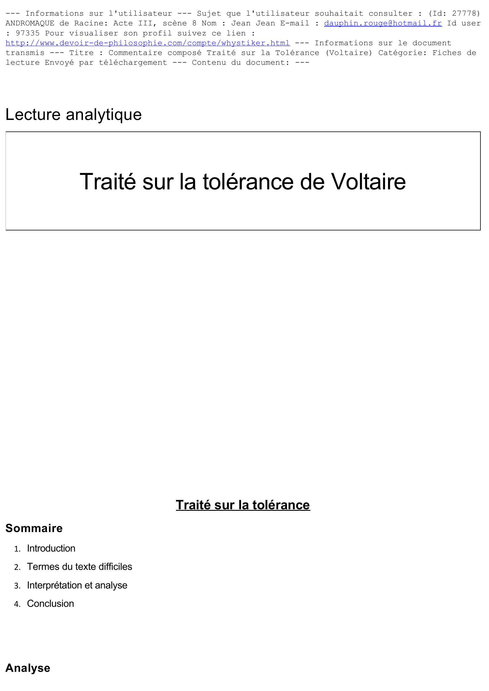 Prévisualisation du document TRAITÉ SUR LA TOLÉRANCE de Voltaire : Fiche de lecture