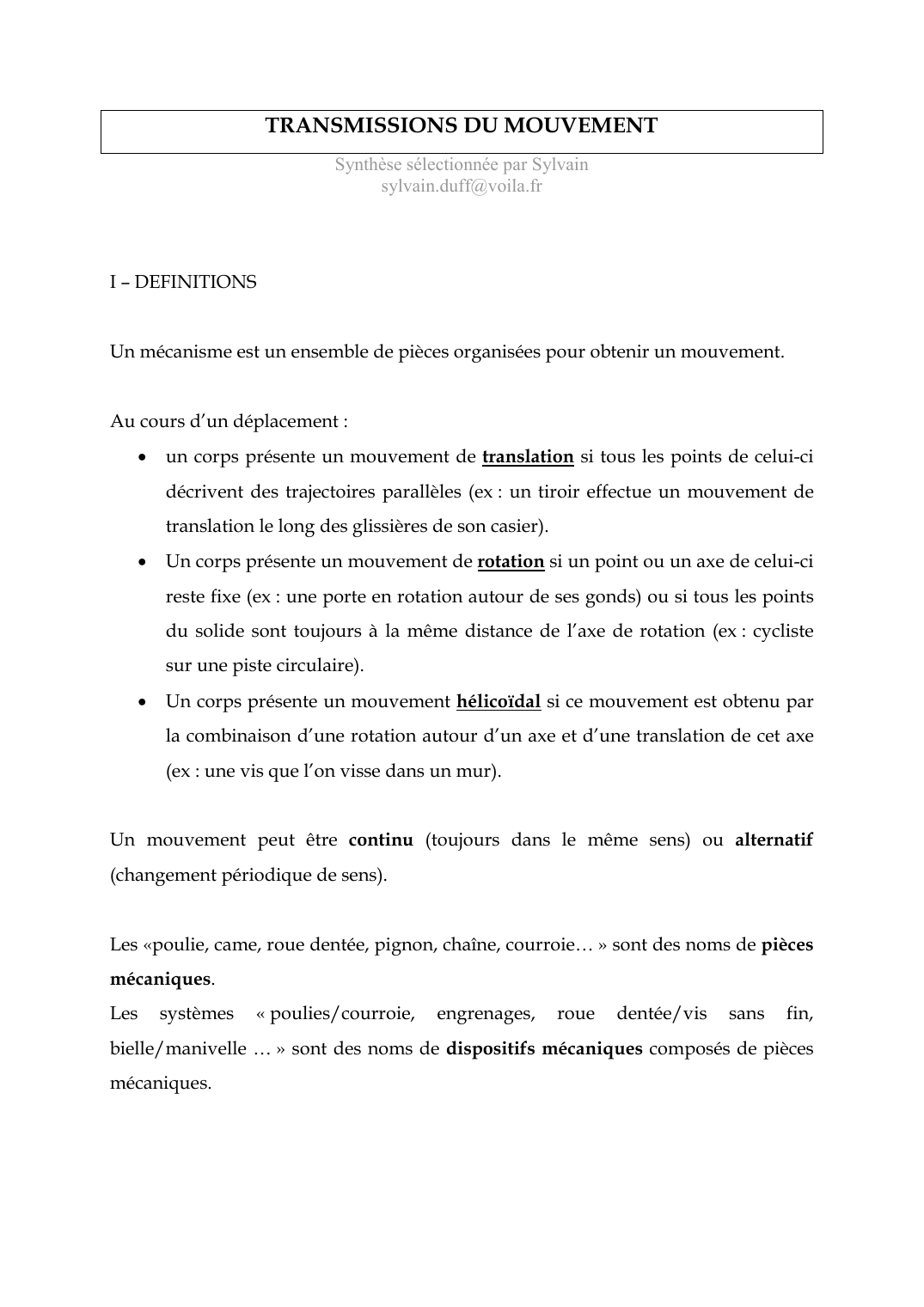 Prévisualisation du document TRANSMISSIONS DU MOUVEMENTSynthèse sélectionnée par Sylvainsylvain.