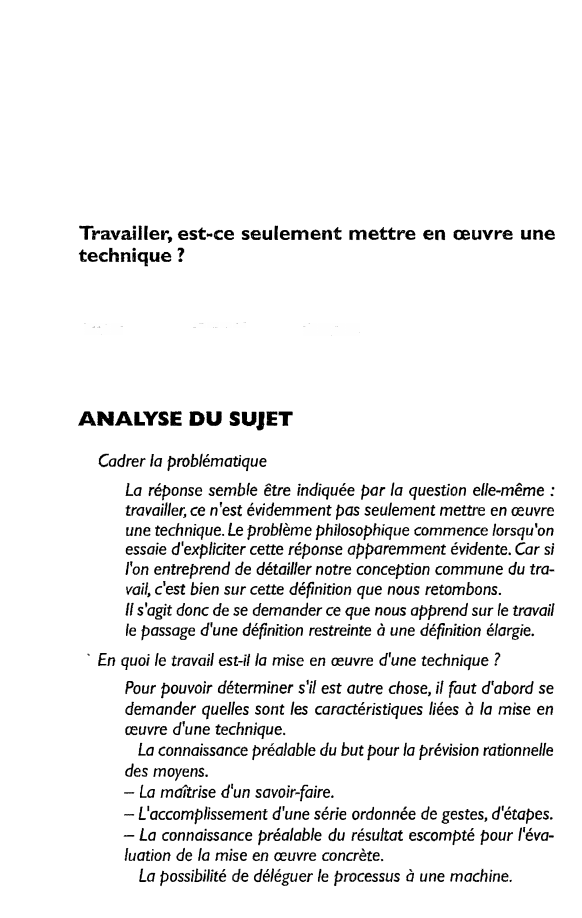 Prévisualisation du document Travailler, est-ce seulement mettre en œuvre une
technique?

ANALYSE DU SUJET
Cadrer la problématique
La réponse semble être indiquée par...