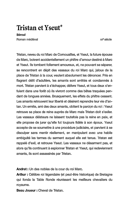 Prévisualisation du document Tristan et Ysent*
Béroul

Roman médiéval

xn° siècle

Tristan, neveu du roi Marc de Cornouailles, et Yseut, la future épouse...