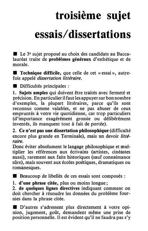 Prévisualisation du document troisième sujet
essais/dissertations
■ · Le 3e sujet proposé au choix des candidats aù B;ccalauréat traite de problèmes généraux d'esthétique...