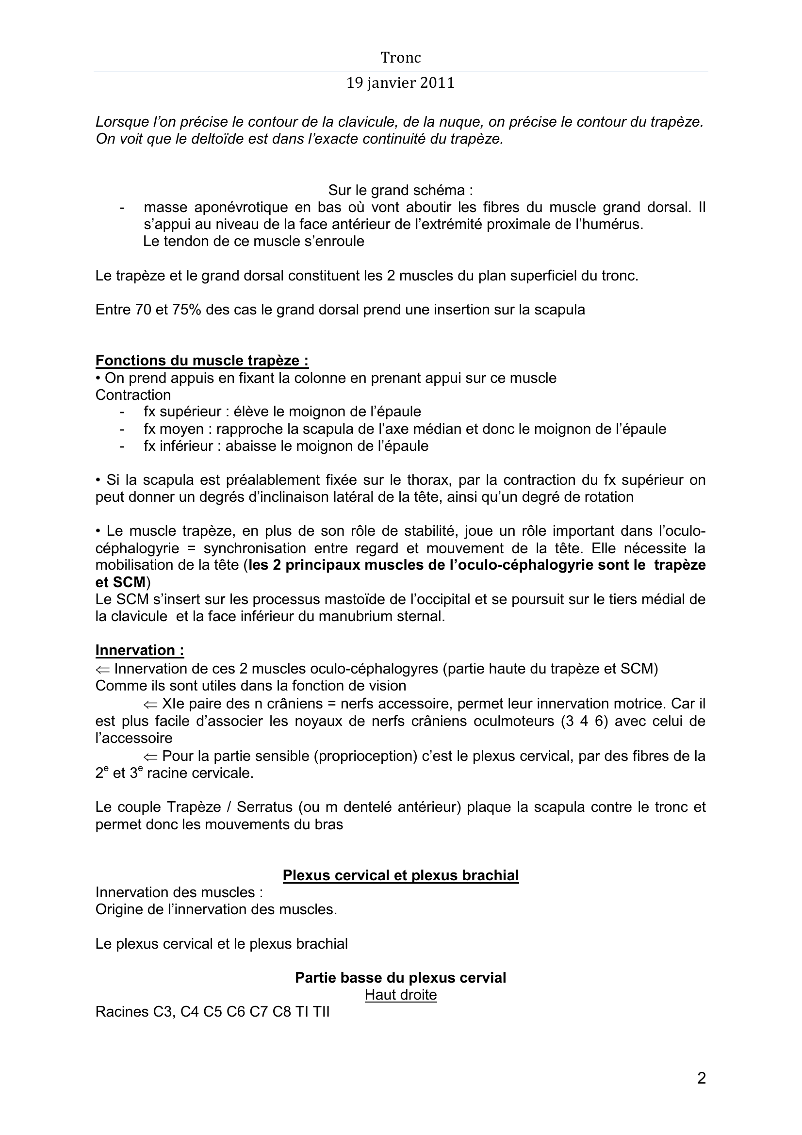 Prévisualisation du document Tronc
19 janvier 2011
Le trapèze
Muscle du plan superficiel postérieur de la