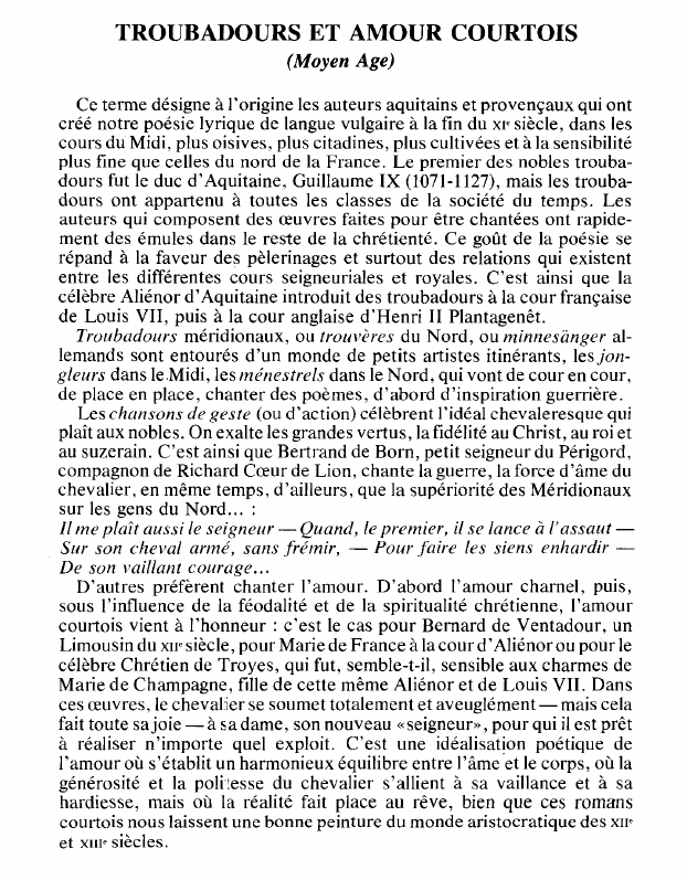 Prévisualisation du document TROUBADOURS ET AMOUR COURTOIS (Moyen Age) - HISTOIRE.