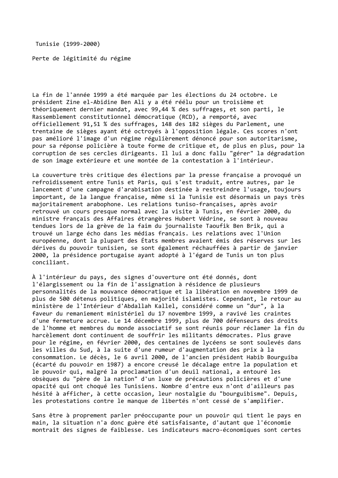 Prévisualisation du document Tunisie (1999-2000)

Perte de légitimité du régime
