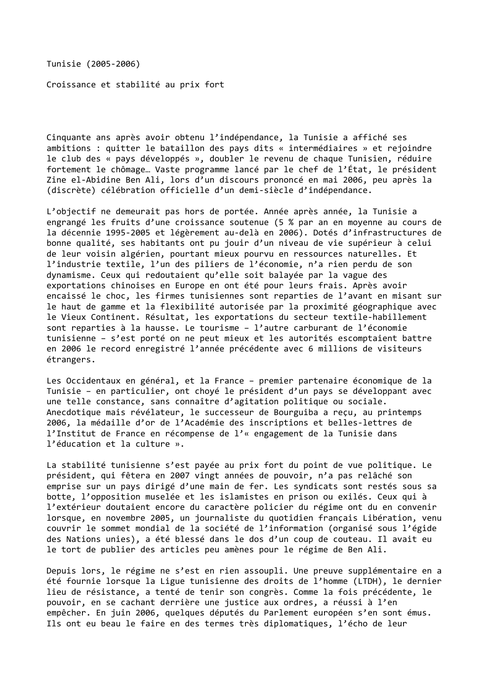 Prévisualisation du document Tunisie (2005-2006)
Croissance et stabilité au prix fort

Cinquante ans après avoir obtenu l’indépendance, la Tunisie a affiché ses
ambitions...