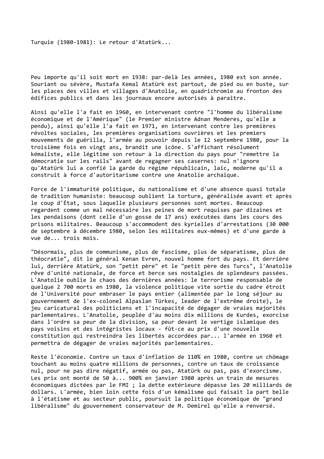 Prévisualisation du document Turquie (1980-1981): Le retour d'Atatürk...