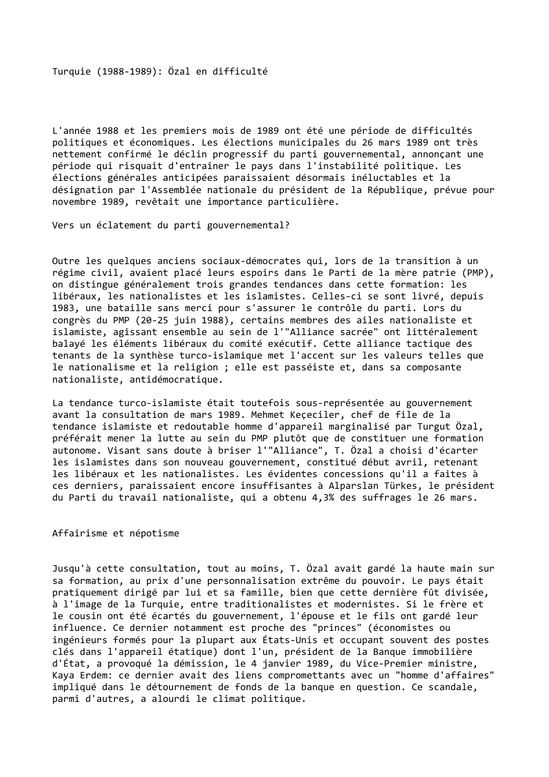 Prévisualisation du document Turquie (1988-1989): Özal en difficulté