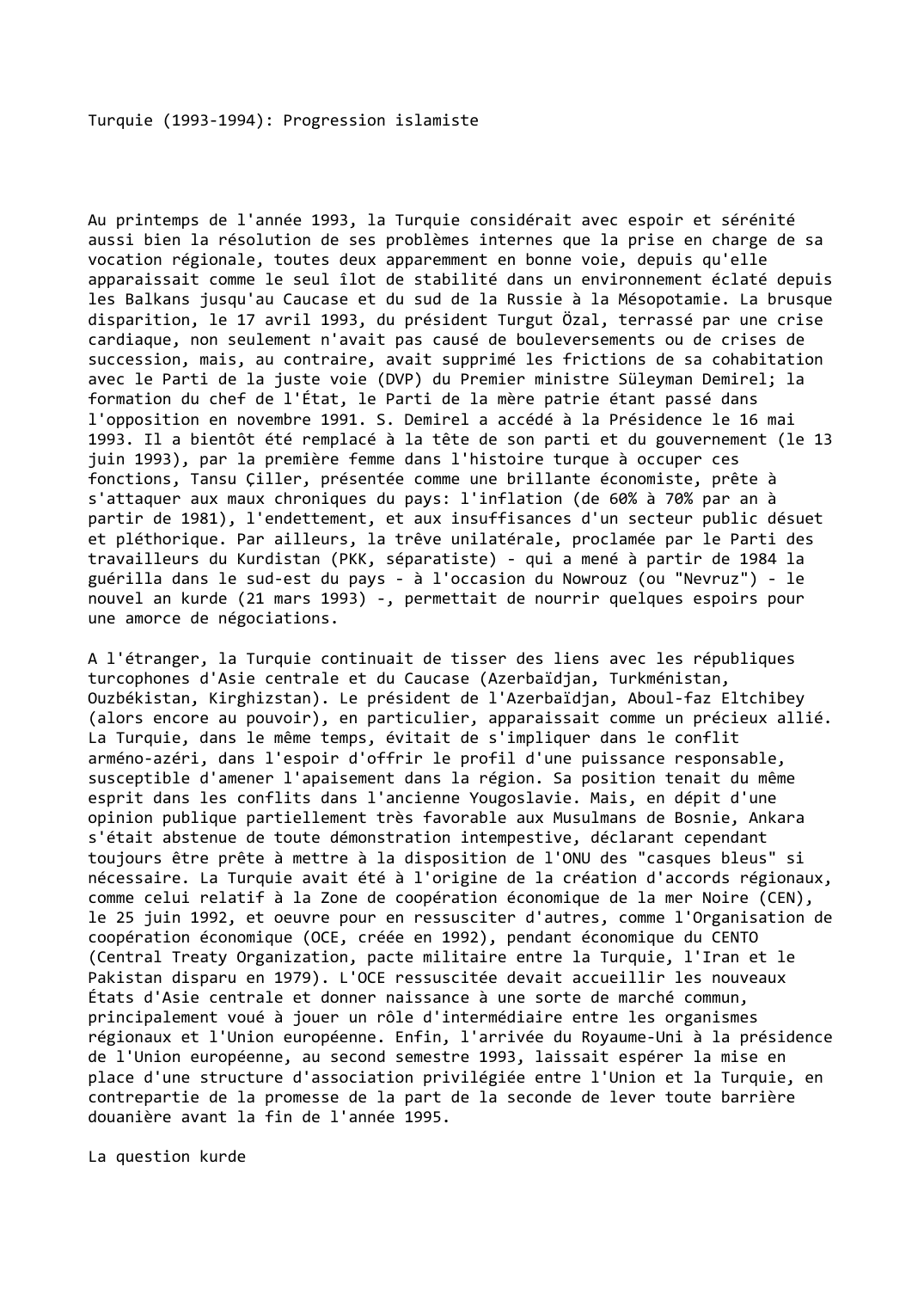 Prévisualisation du document Turquie (1993-1994): Progression islamiste