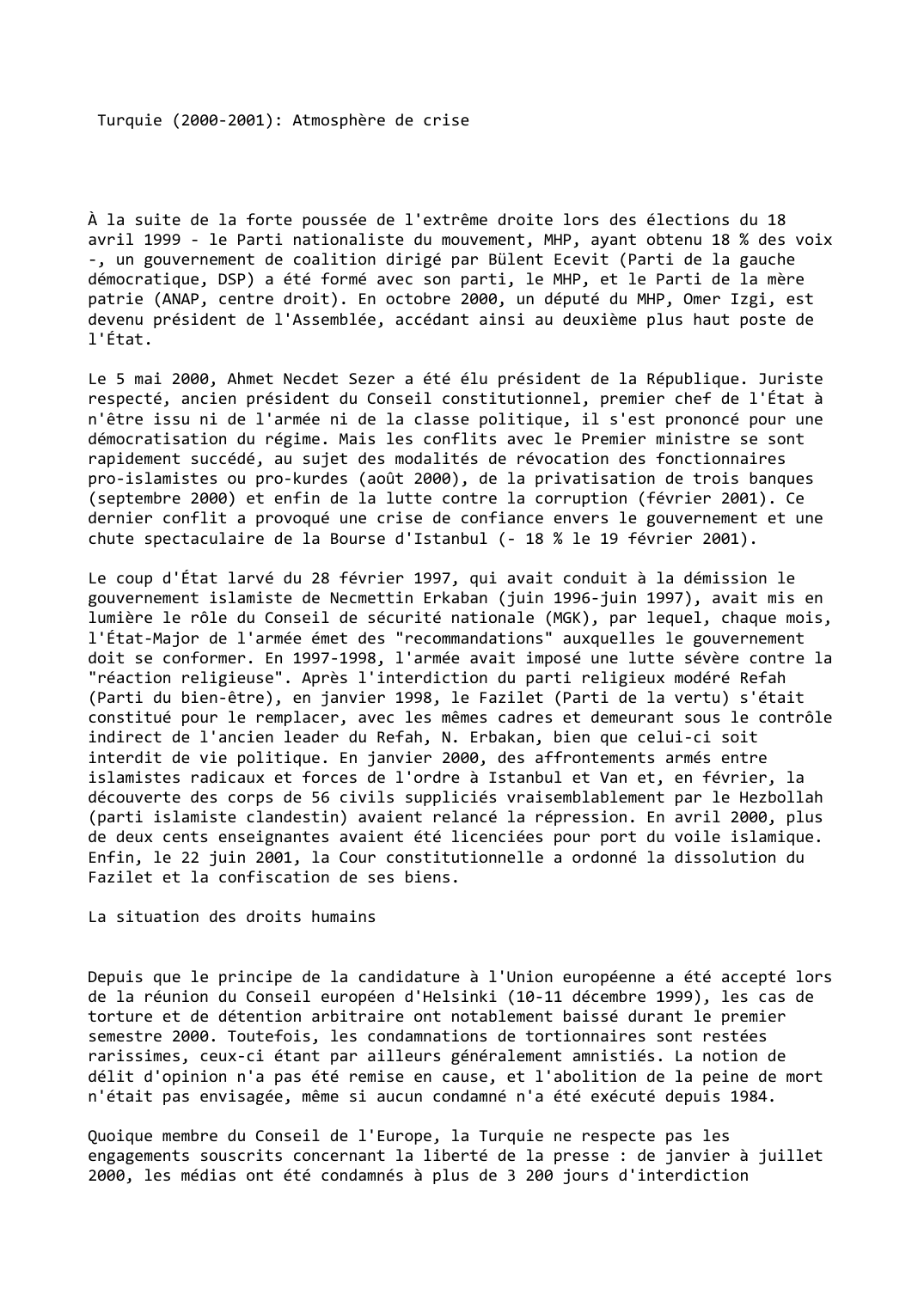 Prévisualisation du document Turquie (2000-2001): Atmosphère de crise