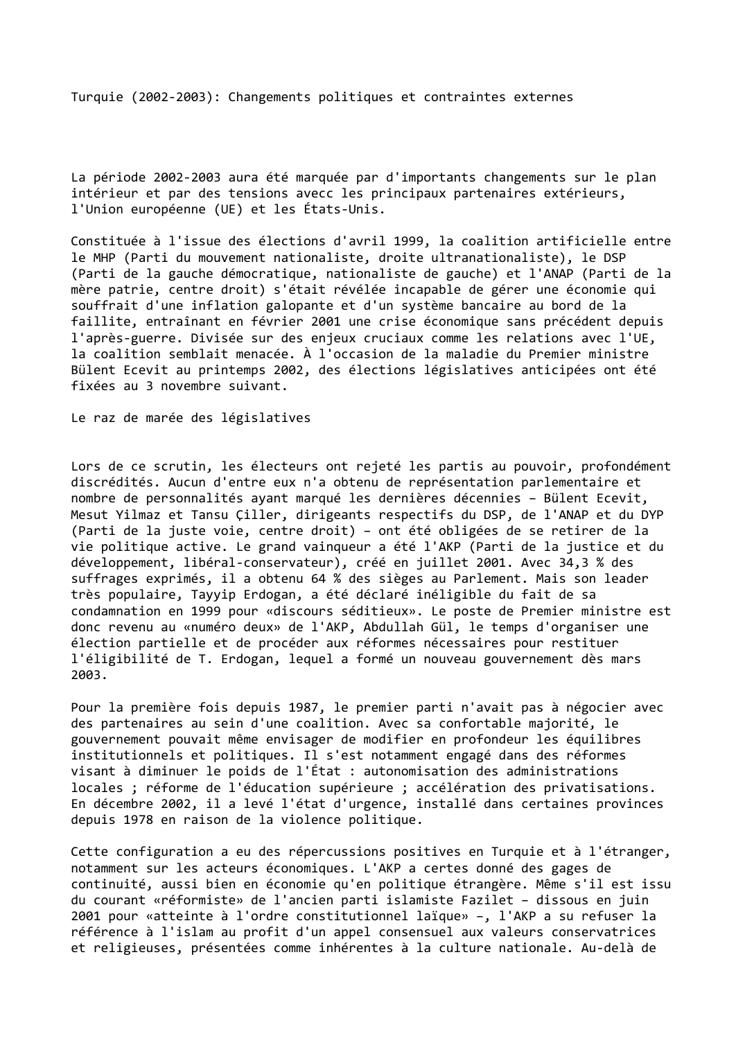 Prévisualisation du document Turquie (2002-2003): Changements politiques et contraintes externes
