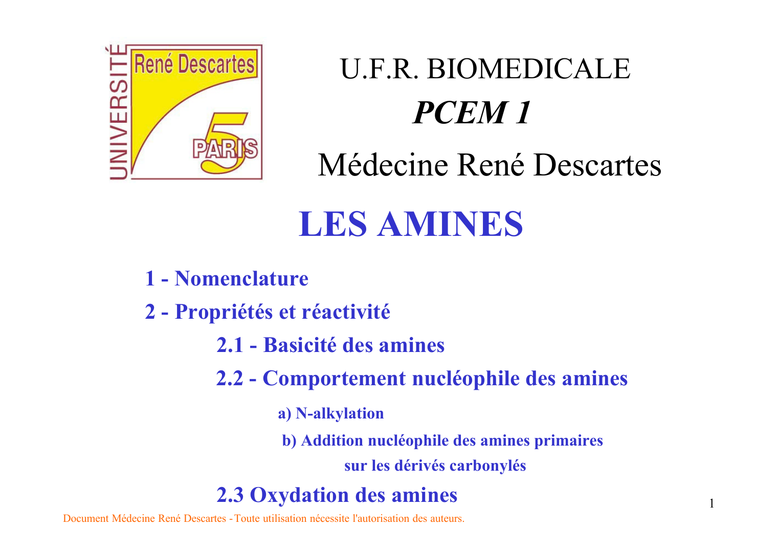 Prévisualisation du document U.F.R. BIOMEDICALEPCEM 1Médecine René DescartesLES AMINES1 - Nomenclature2 - Propriétés