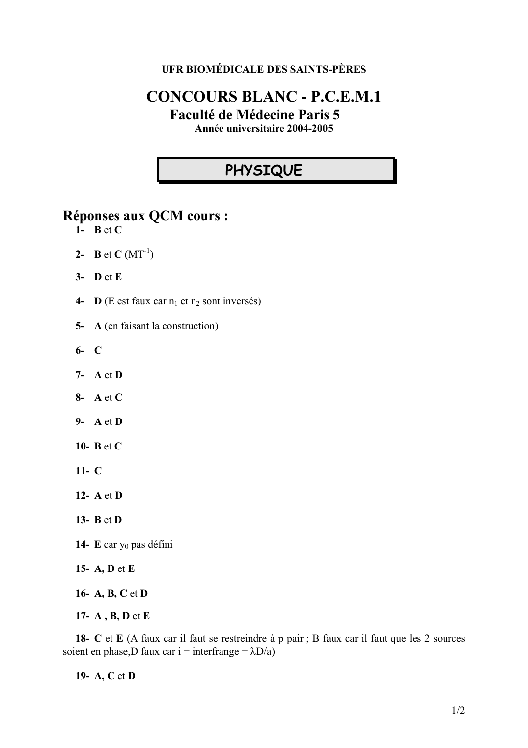 Prévisualisation du document UFR BIOMÉDICALE DES SAINTS-PÈRESCONCOURS BLANC - P.