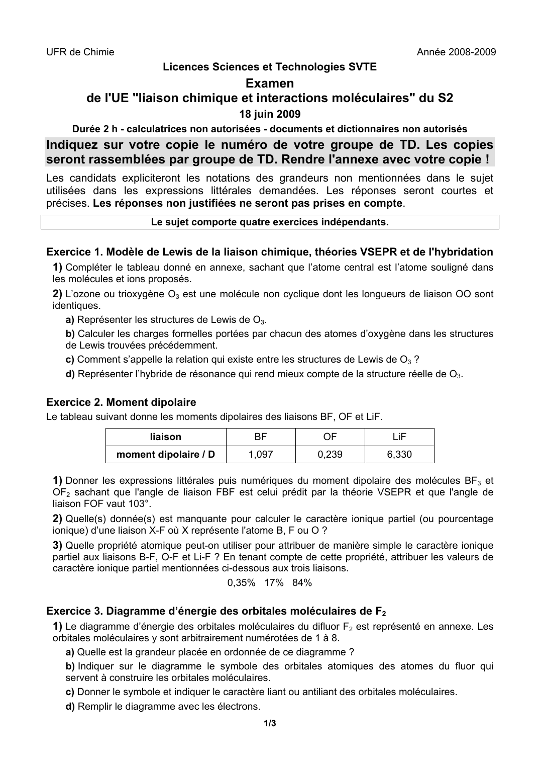Prévisualisation du document UFR de ChimieAnnée 2008-2009Licences Sciences et Technologies SVTEExamende l'UE "liaison