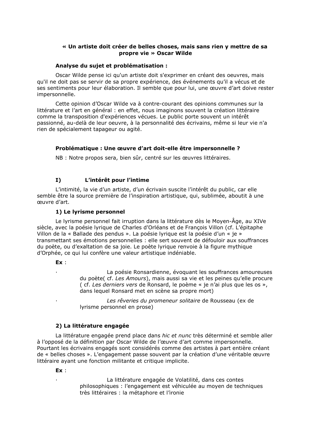 Prévisualisation du document « Un artiste doit créer de belles choses, mais sans rien y mettre de sa
propre vie » Oscar Wilde...
