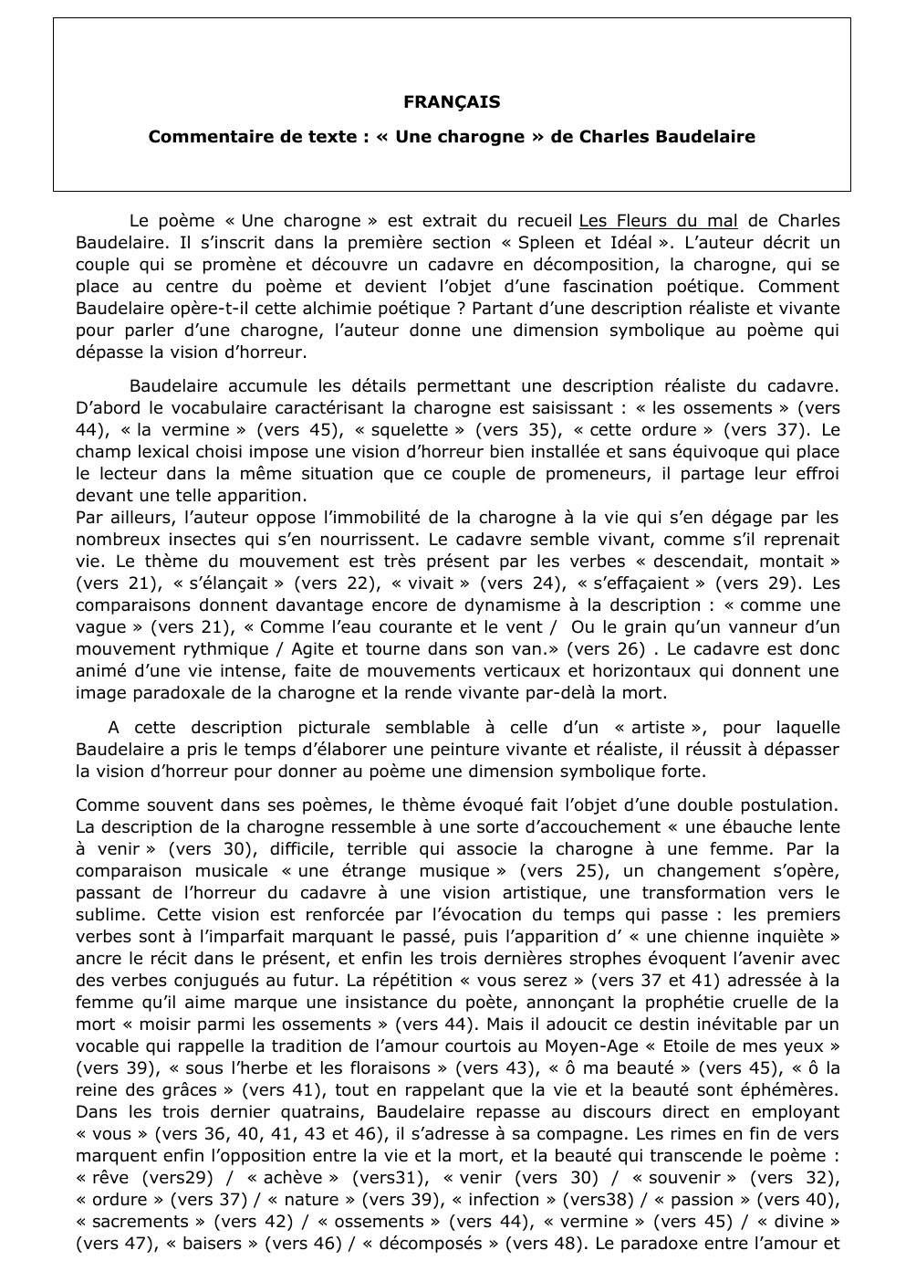 Prévisualisation du document Une Charogne de Charles Baudelaire Explication de texte rédigée