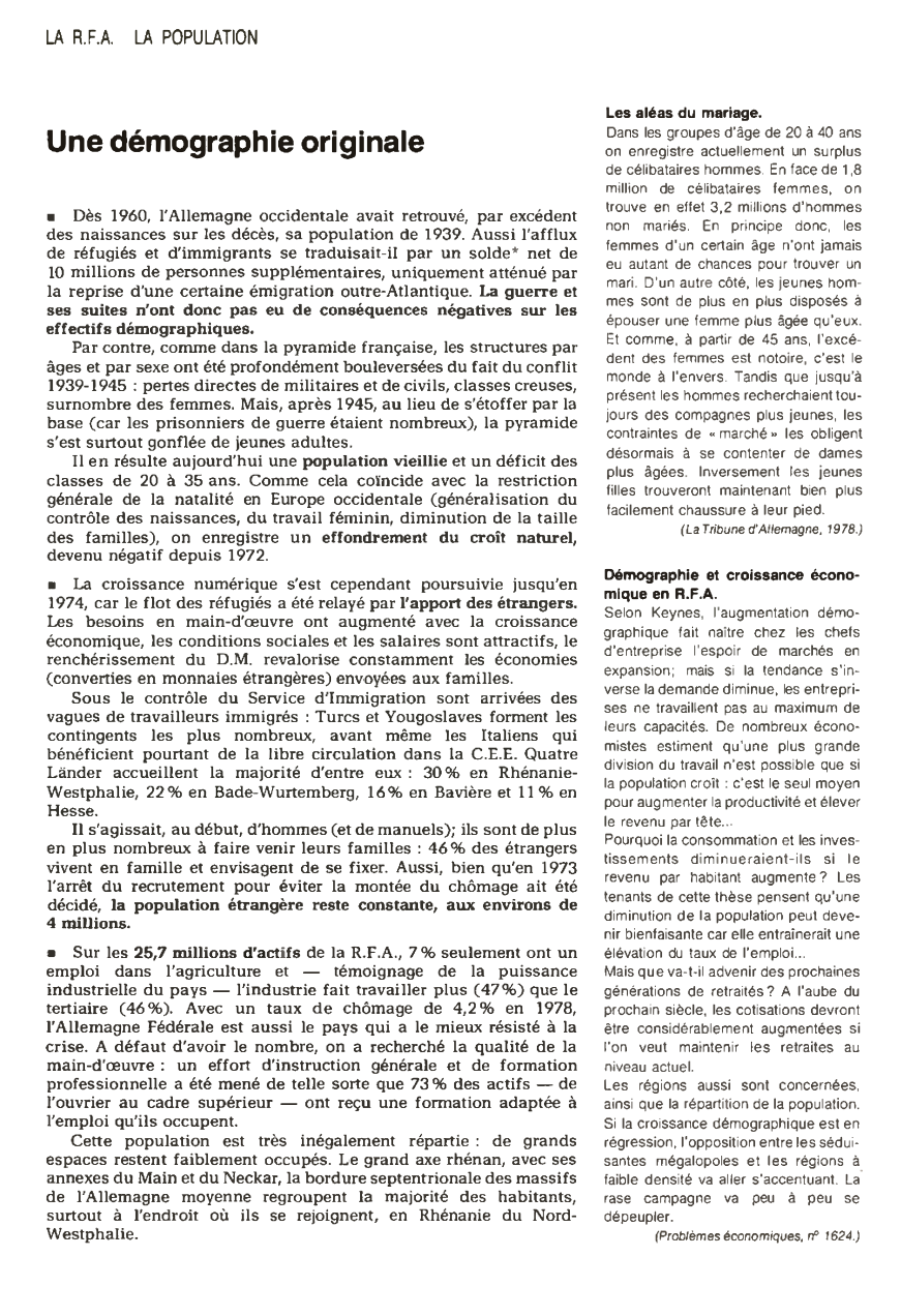 Prévisualisation du document Une démographie originale - PRÉSENTATION DE LA R.F.A. (en 1980)